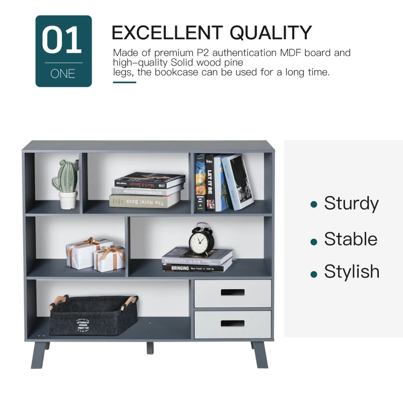 HOMCOM 3-Tier Child Bookcase Open Shelves Cabinet Floor Standing Cube Storage Organizer with Drawers - Gray