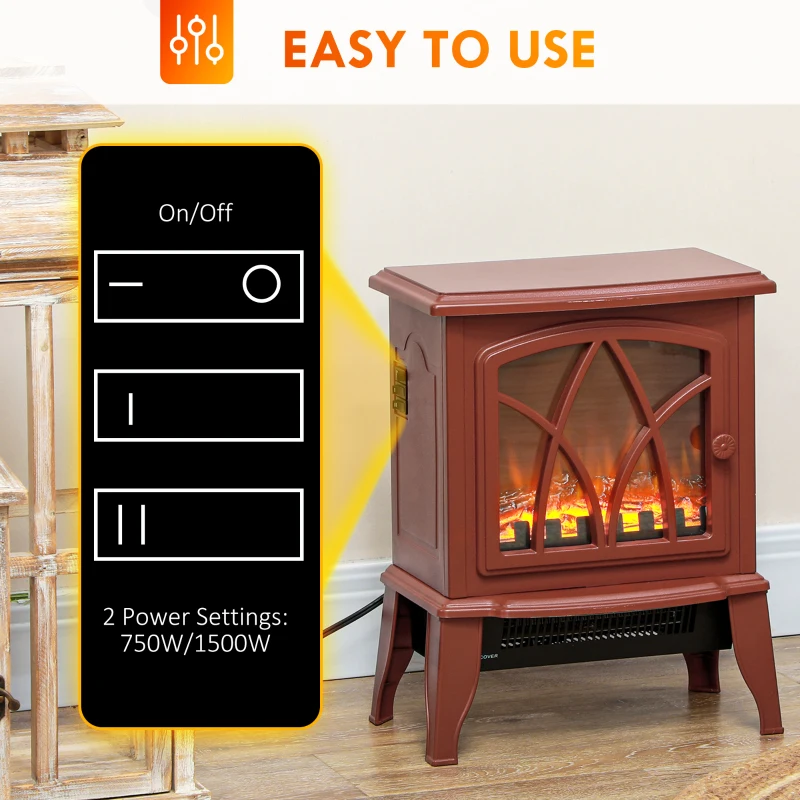 HOMCOM Electric Fireplace Heater, Freestanding Fireplace Stove with Realistic Flames Overheating Protection 750W/1500W, Red