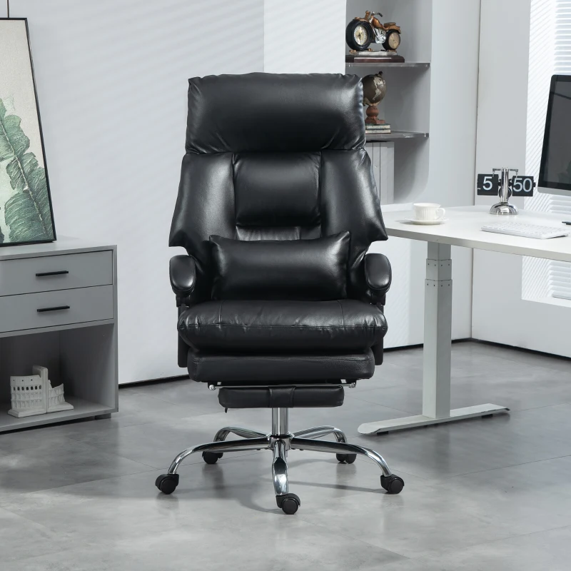 HOMCOM Overstuffed Office Chair, High Back Desk Chair with Foot Rest, Reclining PU Leather Computer Chair, Black