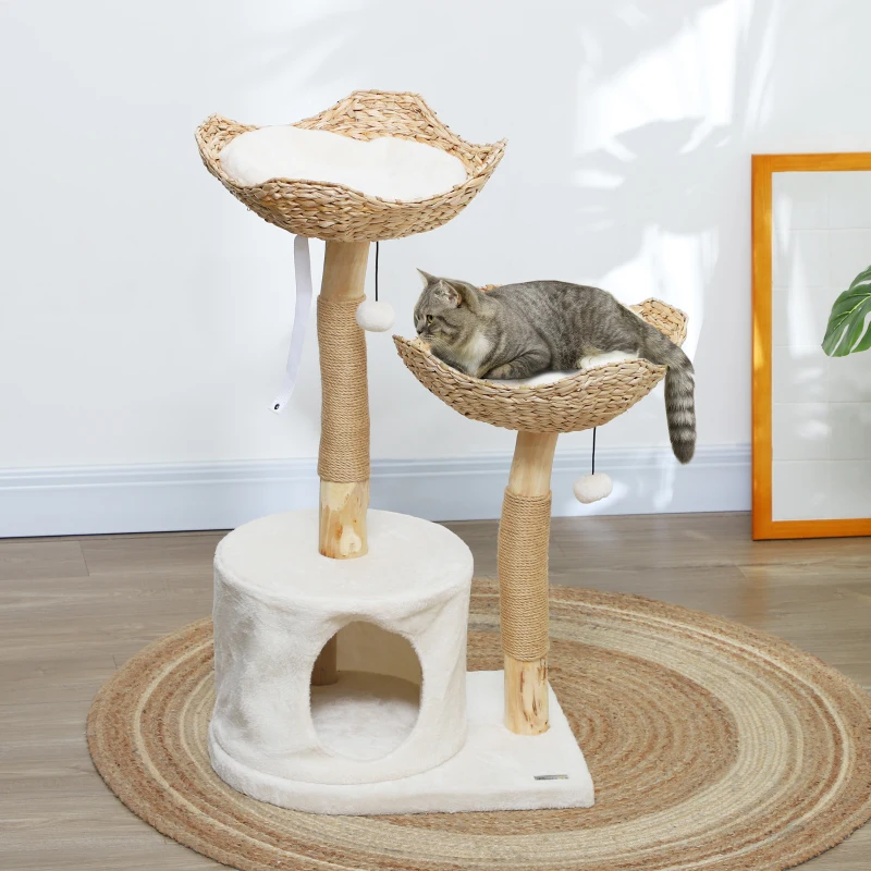 PawHut 37 Inch Modern Cat Tree w/ Wooden Scratching Posts, Condo, Beds, Cushions, Toy Balls & Anti-Tip Kit