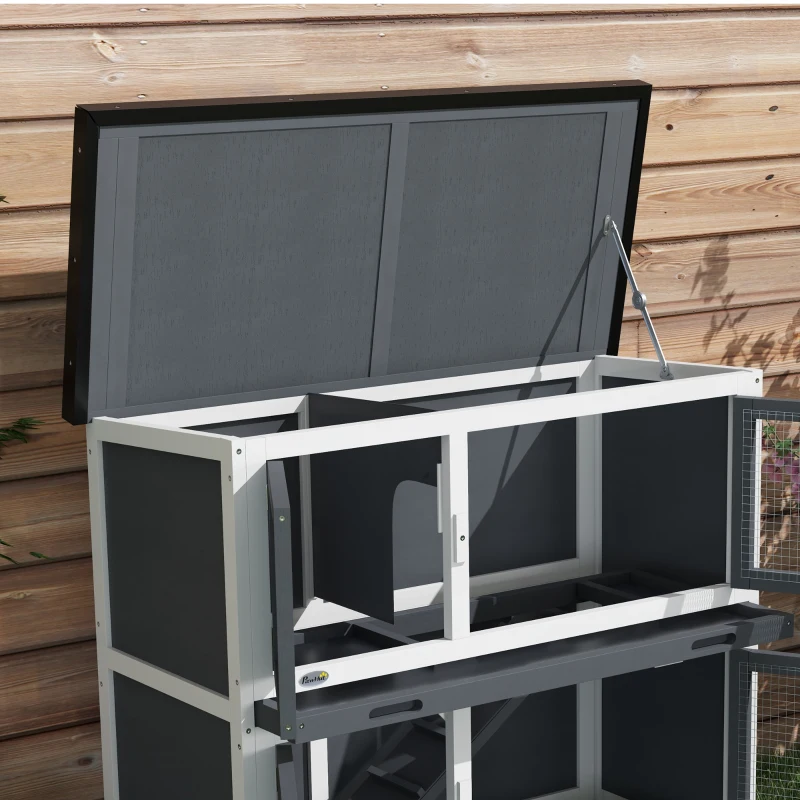 PawHut Wood Rabbit Hutch with 2 Large Main House, Ramp, Trays, Grey