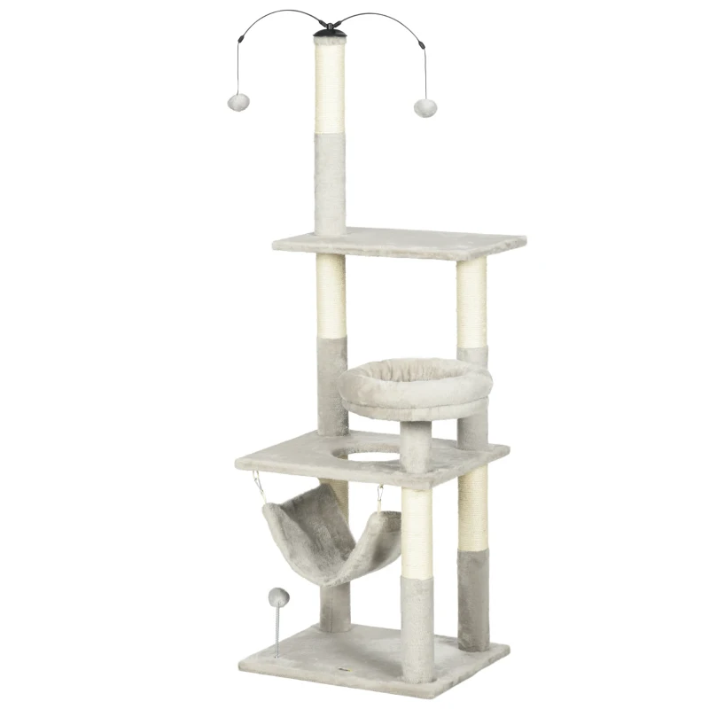 PawHut 57.5" Cat Tree for Indoor Cats with Scratching Posts, Cat Condo with Hammock, Bed, Toys, Grey