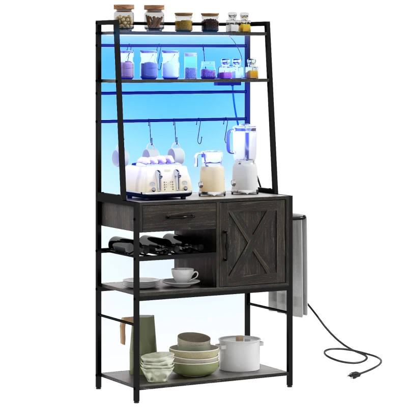 HOMCOM Industrial Kitchen Shelves with Charging Station and LED Lights, Kitchen Storage Rack with Barn Door, Distressed Gray