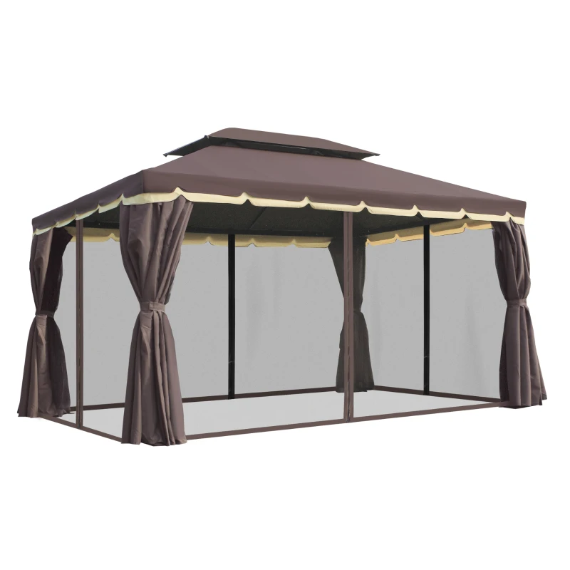 Outsunny 10' x 13' Patio Gazebo, Aluminum Frame Double Roof Outdoor Gazebo Canopy Shelter with Netting & Curtains, Coffee