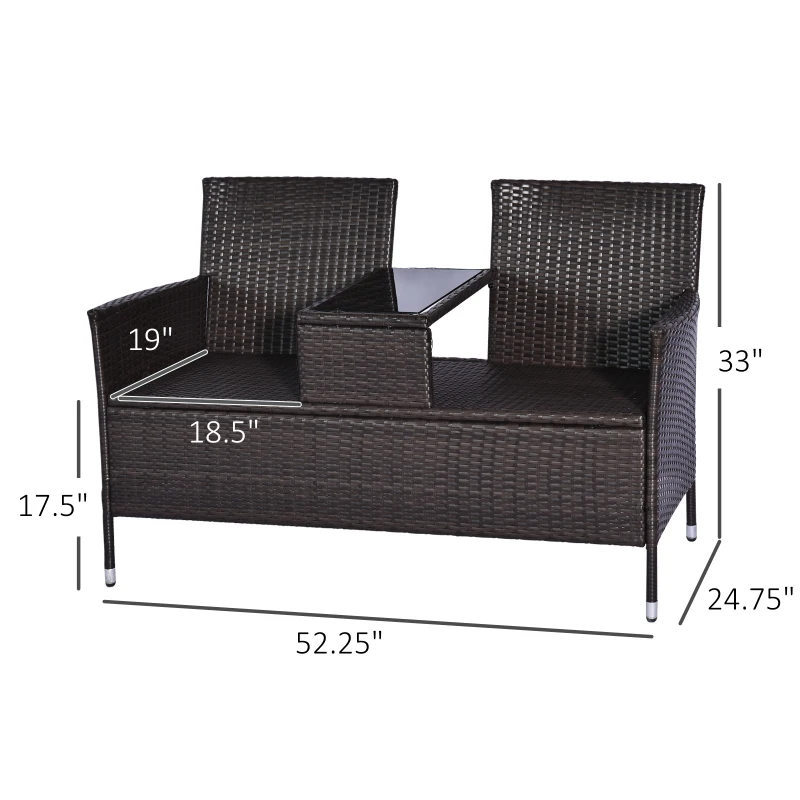 Outsunny Outdoor Patio Loveseat Conversation Furniture Set, Cushions & Built-in Coffee Table, Small 2-in-1 2 Person Seating for Front Porch, Balcony, Brown