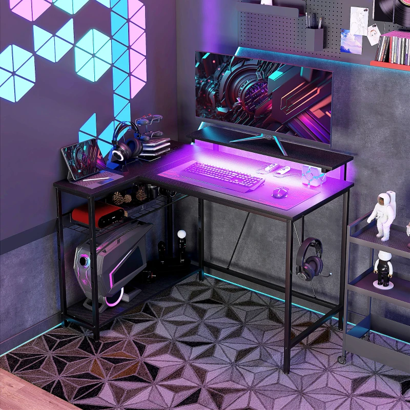 HOMCOM Reversible L Shaped Desk with Lights, Power Outlet, USB Ports, Corner Desk with Storage for Home Office, Black