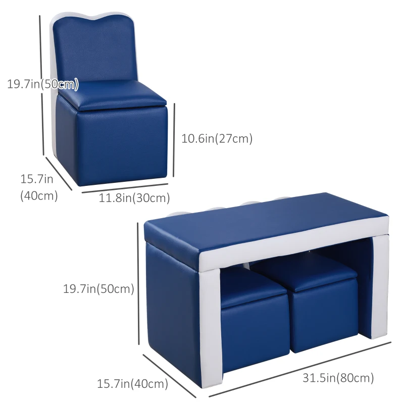 Qaba Kids Sofa Set 2-in-1 Multi-Functional Toddler Table Chair Set 2 Seat Couch Storage Box Soft Sturdy Blue