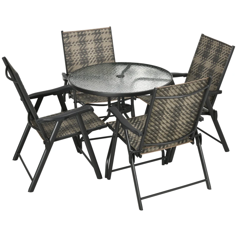 Outsunny 5 Pieces Wicker Patio Dining Set Outdoor Furniture Set, Glass Top Dining Table with Umbrella Hole, 4 Folding Armchairs, PE Rattan Conversation Set for Garden, Mixed Grey