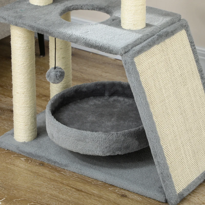 PawHut Small Cat Tree with Perch, Scratching Posts, Pad, Bed, Toy Balls, Light Grey