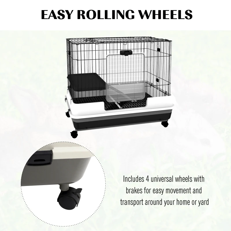 PawHut 28"H 2-Level Small Animal Cage Rabbit Hutch with Universal Lockable Wheels, Slide-Out Tray for Bunny, Chinchillas, Ferret, Black