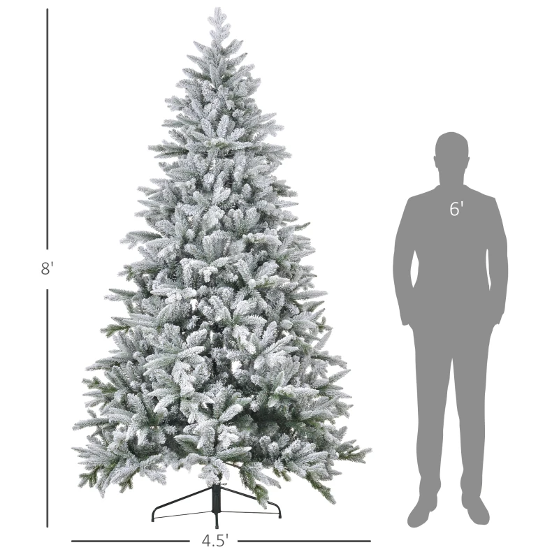 HOMCOM 8ft Artificial Flocked Christmas Tree with Snow Tips, Easy Assembly, Hinged Xmas Tree for Home Office Holiday