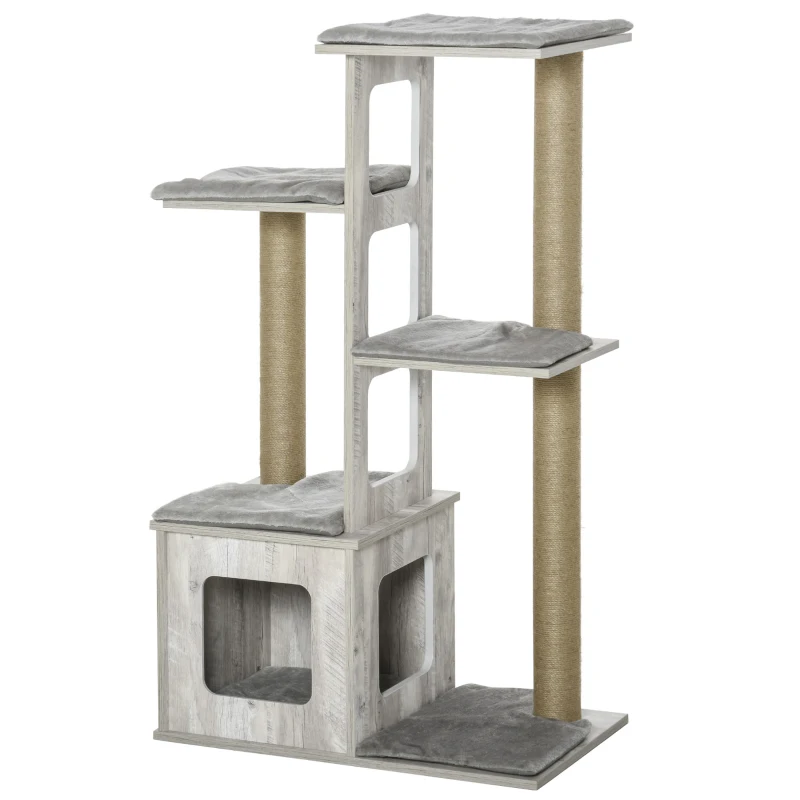 PawHut 45" Deluxe Plush Cat Tree Tower Activity Center Climbing Frame Kitten Play House with Jute Scratching Posts Condo Perch Cushion Grey