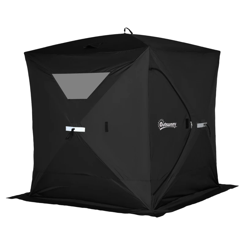 Outsunny 2-4 Person Pop-up Ice Fishing Tent Portable Ice Fishing Shelter with Windproof Windows and Carrying Bag Hub Fish Shelter, Black