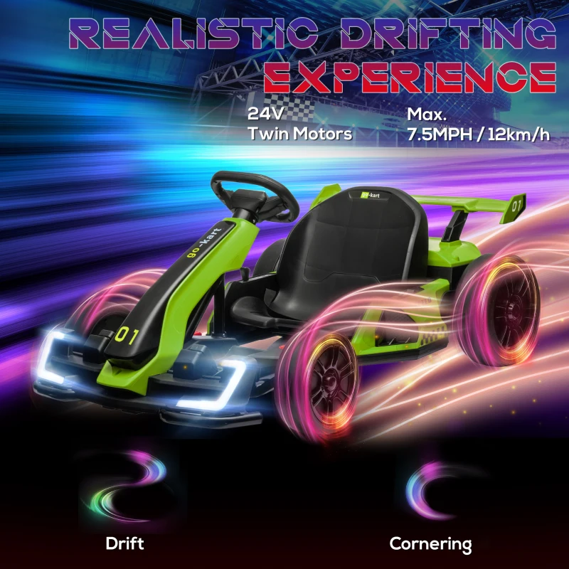 Aosom 24V 7.5 MPH Electric Go Kart with Adjustable Seat, Slow Start, Green