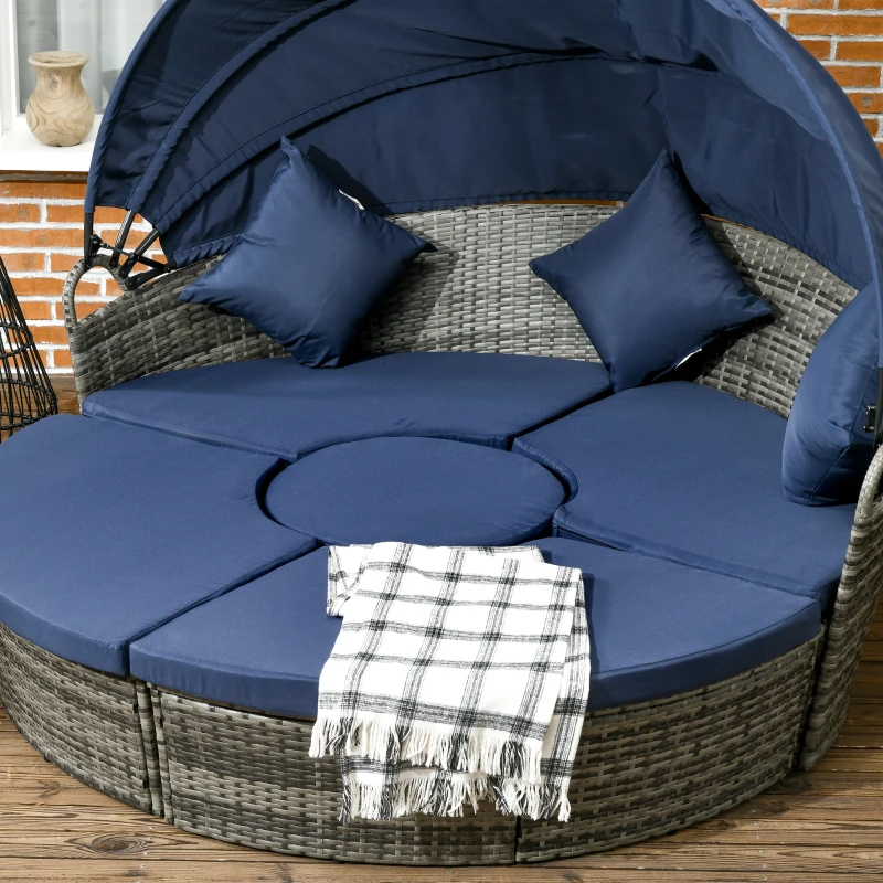Outsunny 4 Pieces Outdoor Daybed with Retractable Canopy, PE Rattan Wicker Round Sofa Day Bed, Patio Sectional  Conversation Furniture Set with Cushions and Pillows, Dark Blue