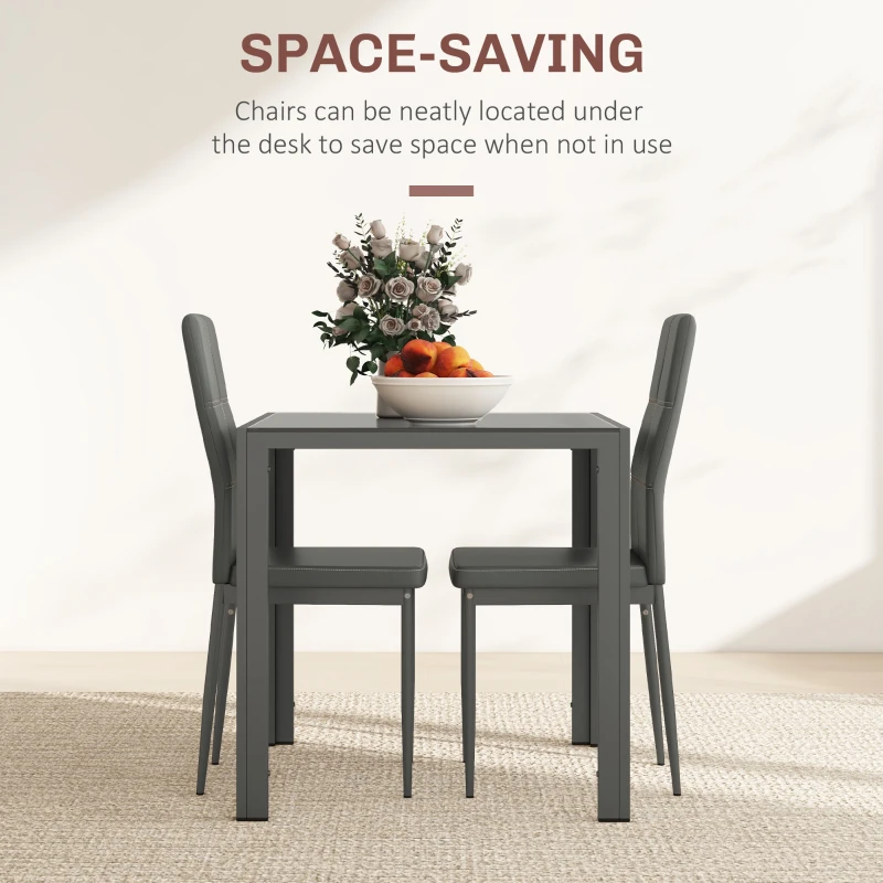 HOMCOM 3-Piece Rectangular Glass Kitchen Table and Chairs with Metal Frame and Faux Leather Upholstery for Dining Room, Grey