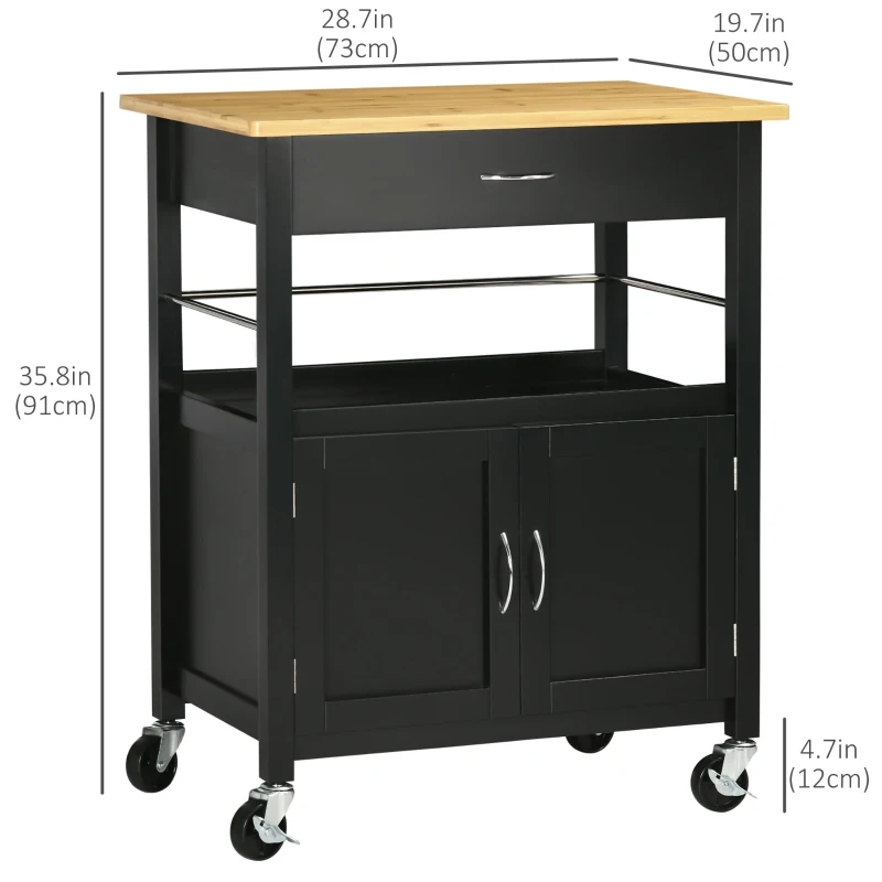 HOMCOM Kitchen Cart, Utility Trolley, Small Kitchen Island with Storage Drawer & Side Hooks for Dining Room, Black
