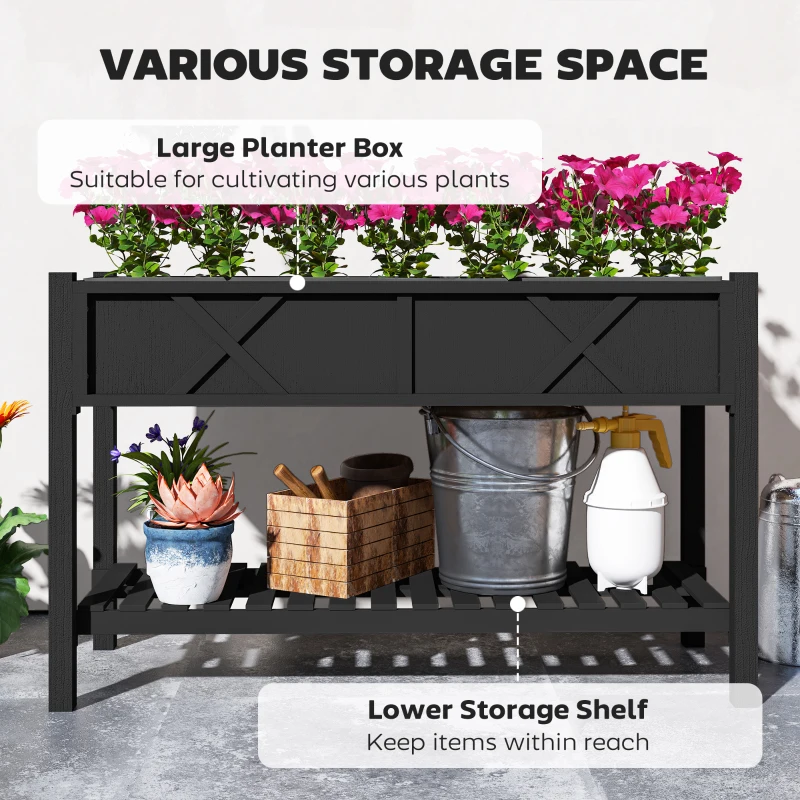 Outsunny Raised Garden Bed, 47 x 22 x 31.5 in. Elevated Wood Planter Box with Storage Shelf, Drainage Holes, and Liner, Black