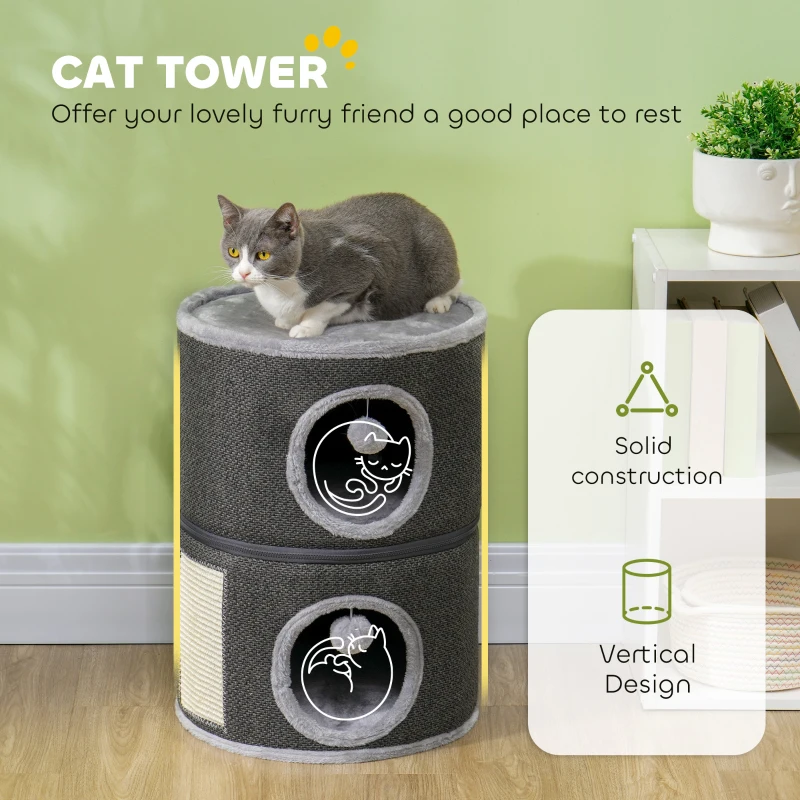 PawHut 2-Story Cat Condo Barrel Tree with Top Perch, 2 Hideaways, Scratching Board, Removable Cushions, Toy Balls, Dark Grey