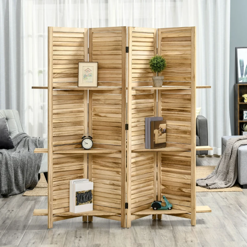 HOMCOM Room Divider, 4 Panel 67" Tall Wood Privacy Screen with 3 Display Shelves, and Folding Storage for Bedroom or Home Office, Natural Wood Color