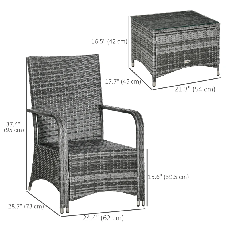 Outsunny 3 Piece Outdoor PE Rattan Patio Furniture Set Bistro Set w/ Cover, Tempered Glass Tabletop for Balcony, Pool, Grey