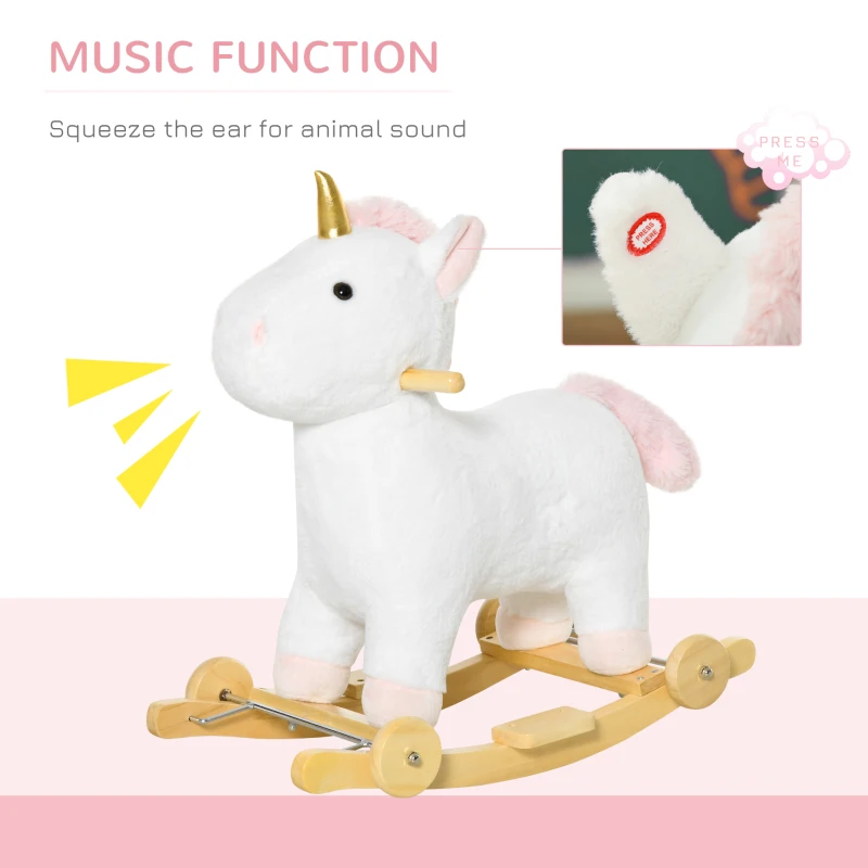 Qaba 2 in 1 Kids Rocking Horse, Rolling Unicorn with Sound, Wooden Base, Pedal, Grip Handle, for 3-6 Years Old, White