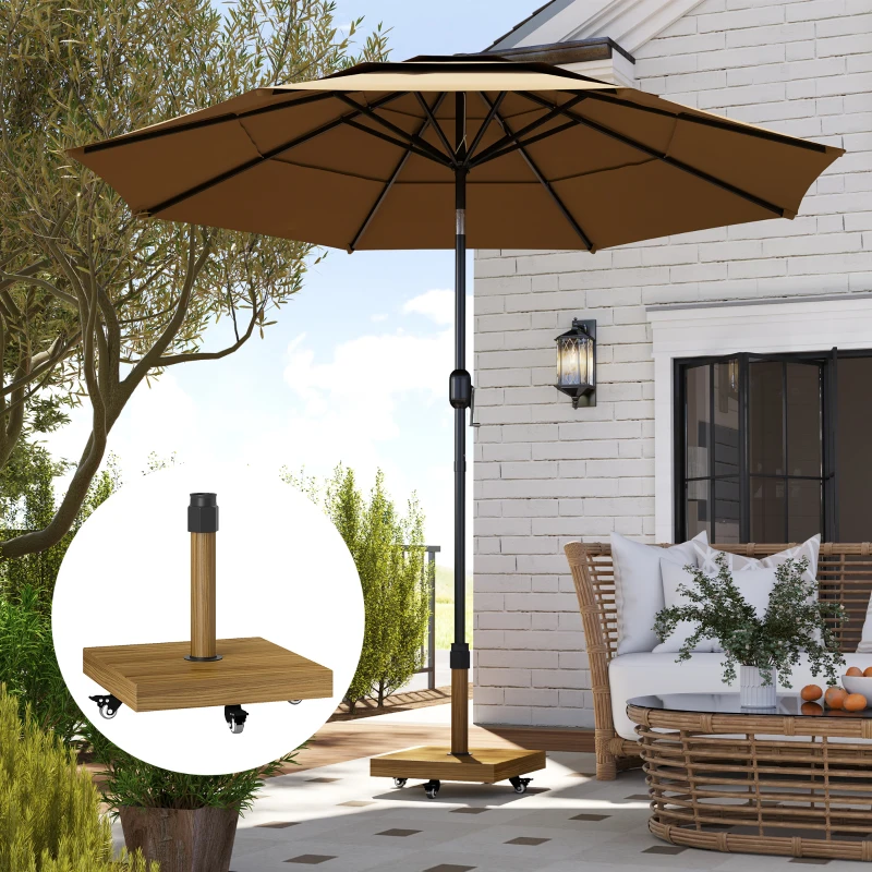 Outsunny 57 lbs Metal Square Patio Umbrella Base Holder, Outdoor Umbrella Stand with Wheels, Heavy Duty Patio Umbrella Stand Base for Garden, Poolside, Nature Wood