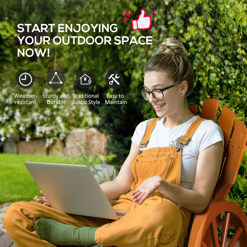 Outsunny Wooden Rocking Chair, Adirondack Rocker Chair w/Slatted Design and Oversized Back, Outdoor Rocking Chair with Wagon Wheel Armrest for Porch, Poolside, and Garden, Teak