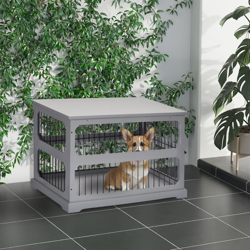 PawHut Dog Crate Furniture Decorative Cage Kennel with Strong Construction Materials & a Classic Americana Style, Grey