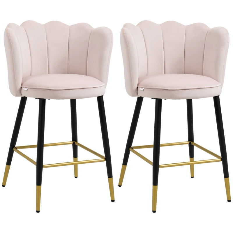 HOMCOM Bar Stools Set of 2 Modern Counter Height Bar Stools with Back, Footrest for Home Kitchen, 23.2"x20.5"x35.4", Pink