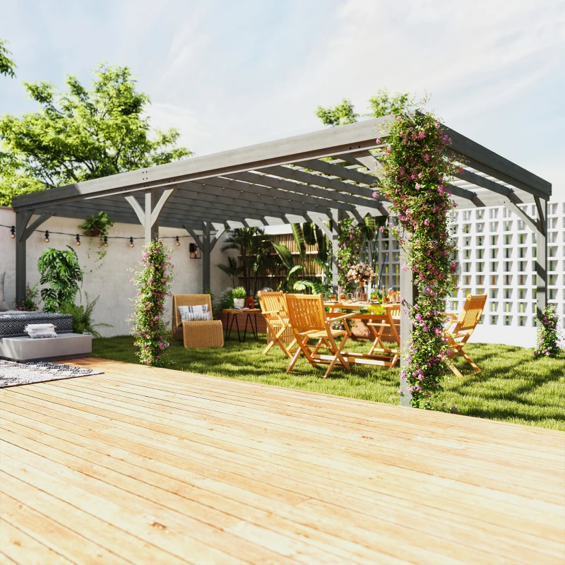 Outsunny 12' x 20' Outdoor Wooden Pergola, Grape Vine Gazebo with Concrete Anchors for Garden, Patio, Backyard, Deck, Gray