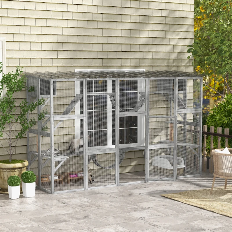 PawHut Large Outdoor Catio with Condos, Platforms, Doors, Ladders, Weather-Resistant Roof, Grey