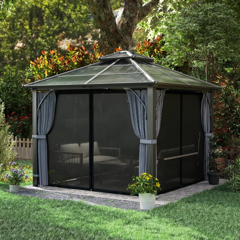 Outsunny 10' x 10' Hardtop Gazebo with 7mm Double Polycarbonate Roof, Outdoor Gazebo with Netting and Curtains