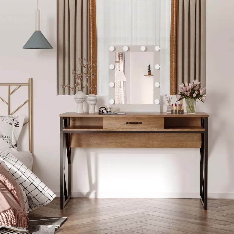 HOMCOM 47.25 Inches Home Office Computer Writing Desk, Corner Workstation, Laptop Table with Steel Leg, Drawer and Storage Shelf for Living Room, Bedroom, Study, Brown and Black