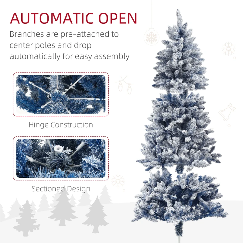 HOMCOM 6ft Flocked Blue Christmas Tree, Artificial Christmas Tree with Hinged Design, Faux Snow, for Home Office Holiday Xmas