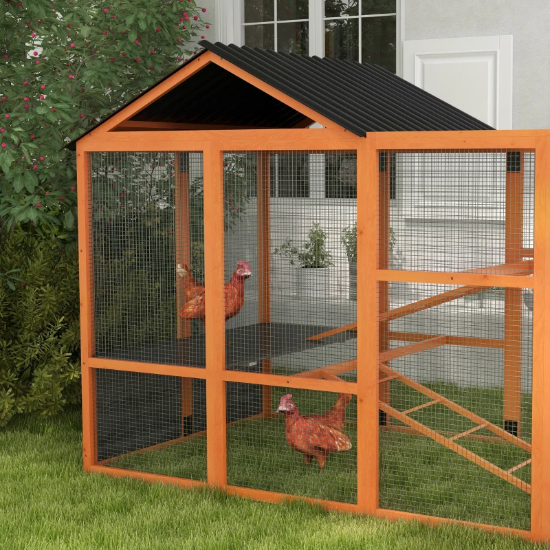 PawHut Wooden Chicken Coop Run for 6 - 10 Chickens, Hen House Add-On with Storage, Perches, 141.75" x 48" x 61", Orange