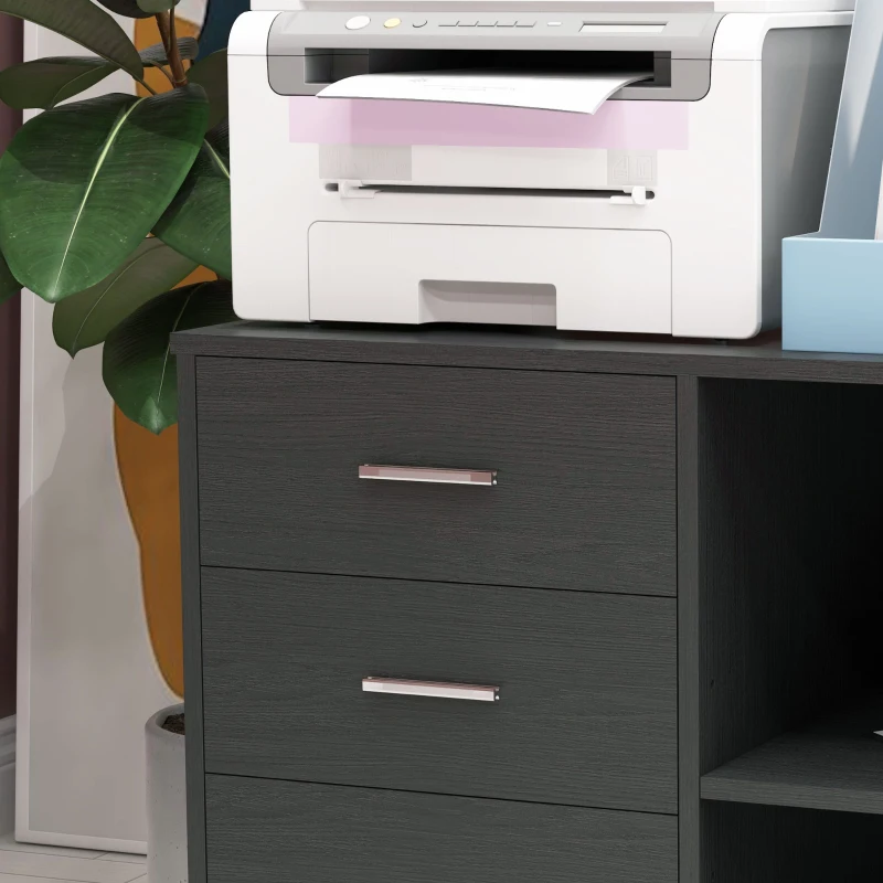 HOMCOM Modern Lateral Filing Cabinet, 3 Drawer File Cabinet for Letter and A4 Size Documents, Mobile, Printer Stand with Open Shelves, Rolling Wheels, Black