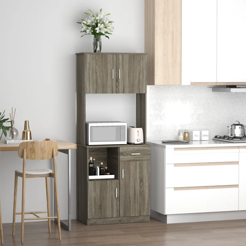 HOMCOM Kitchen Pantry Storage Cabinet with Microwave Stand, Buffet with Hutch, Door Cupboards, Drawer and Adjustable Shelves, Gray
