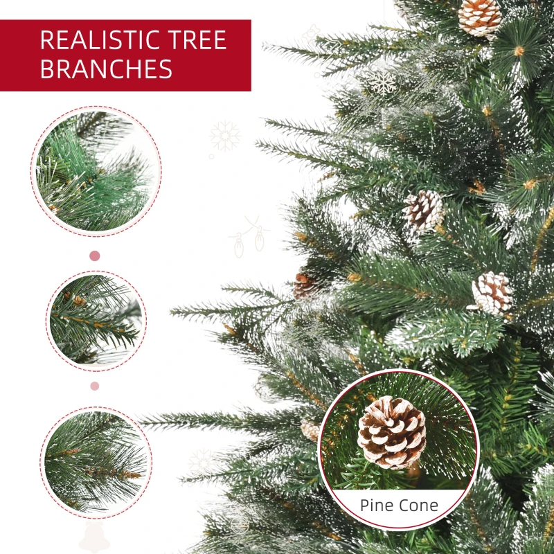HOMCOM HOMCM 6FT Artificial Christmas Snow Pine Tree Holiday Home Xmas Decoration with Automatic Open, Pinecone, Green