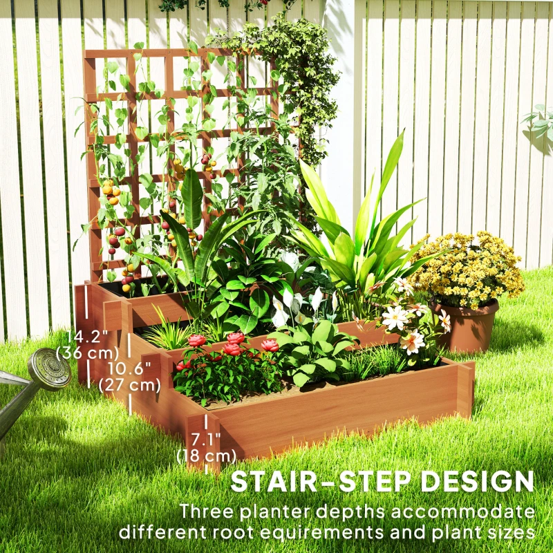 Outsunny Wooden Elevated Planter Box with Trellis for Climbing Plants, 3 Tier Raised Garden Bed for Garden, Outdoor, Brown