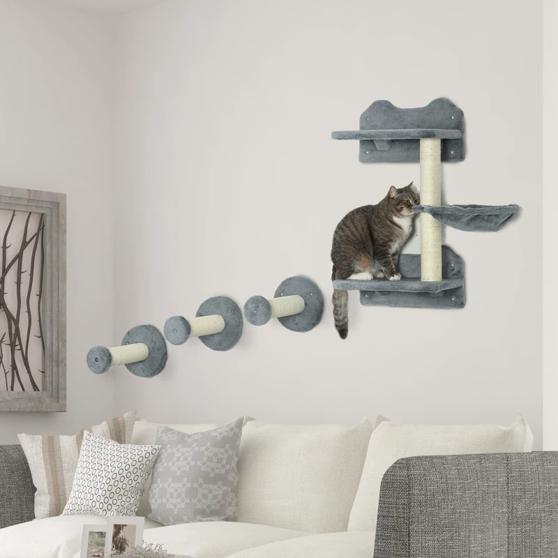 PawHut 4Pcs Cat Wall Shelf with Scratching Posts, Hammock, Steps, Platforms, Cat Shelves for Relaxing, Sleeping, Jumping, Cat Wall Climber for Indoor Cats, Grey