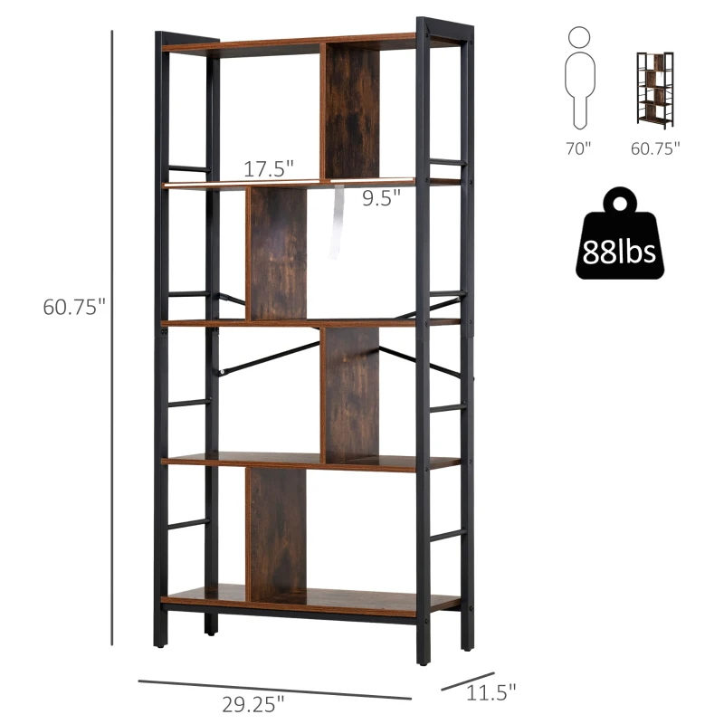 HOMCOM Industrial Bookshelf, Bookcase with 4-Tier Display Shelf for Living Room Office