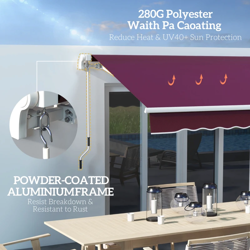 Outsunny 10' x 8' Manual Retractable Awning with LED Lights, Aluminum Frame Sun Canopies for Patio Door Window, Wine Red