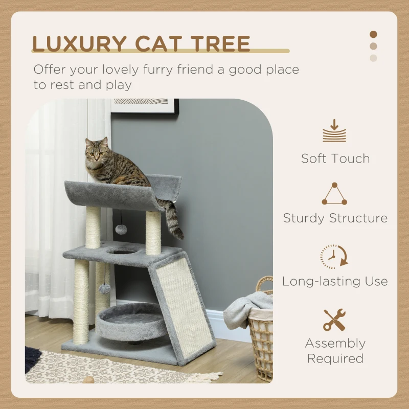PawHut Small Cat Tree with Perch, Scratching Posts, Pad, Bed, Toy Balls, Light Grey