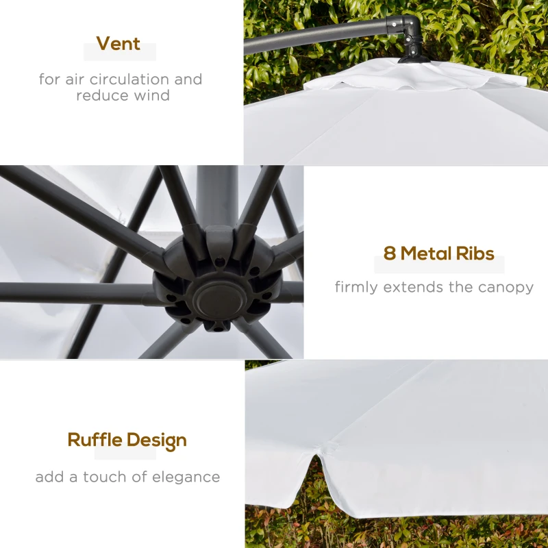 Outsunny 11FT Offset Hanging Patio Umbrella Cantilever Umbrella with Easy Tilt Adjustment, Cross Base and 8 Ribs for Backyard, Poolside, Lawn and Garden, White