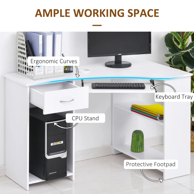 HOMCOM 47" L-Shaped Desk with Keyboard Tray, Computer Corner Desk for Small Space with Shelves, Drawer, CPU Stand, Home Office Writing Table, White