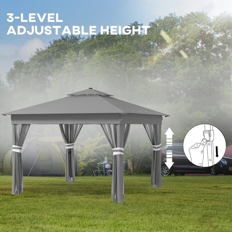 Outsunny 11x11FT Pop Up Canopy, Solar-Powered LED Lights, Netting, Roller Bag, Height Adjustable Instant Sun Shelter