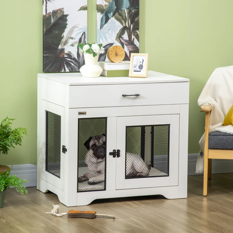 PawHut Dog Crate Furniture with Cushion, 2 Doors, Storage, Dog Kennel End Table for Small Medium Dogs, White