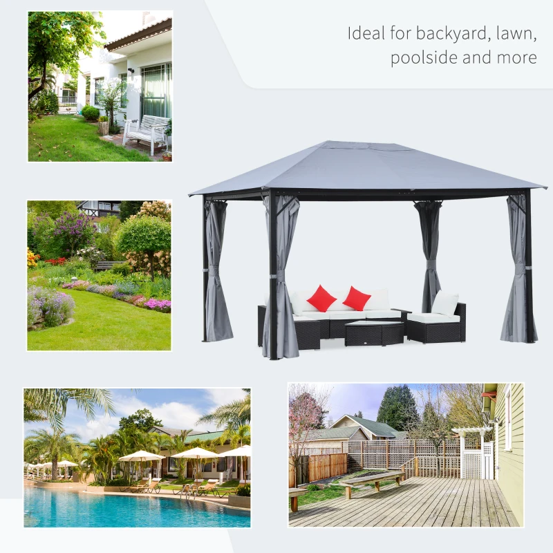 Outsunny 10' x 13' Patio Gazebo, Aluminum Frame, Outdoor Gazebo Canopy Shelter with Netting & Curtains, Garden, Lawn, Backyard and Deck, Gray