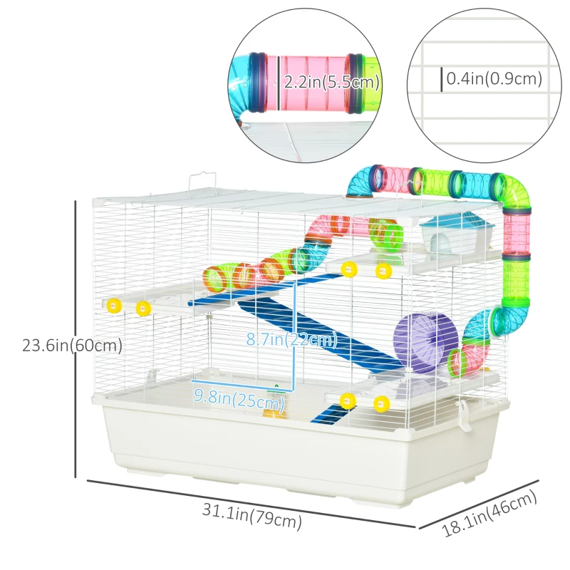 PawHut 31" Large Hamster Cage, Small Animal House, Multi-storey Gerbil Haven, Tunnel Tube System, with Water Bottle, Exercise Wheel, Food Dish, Ramps, White